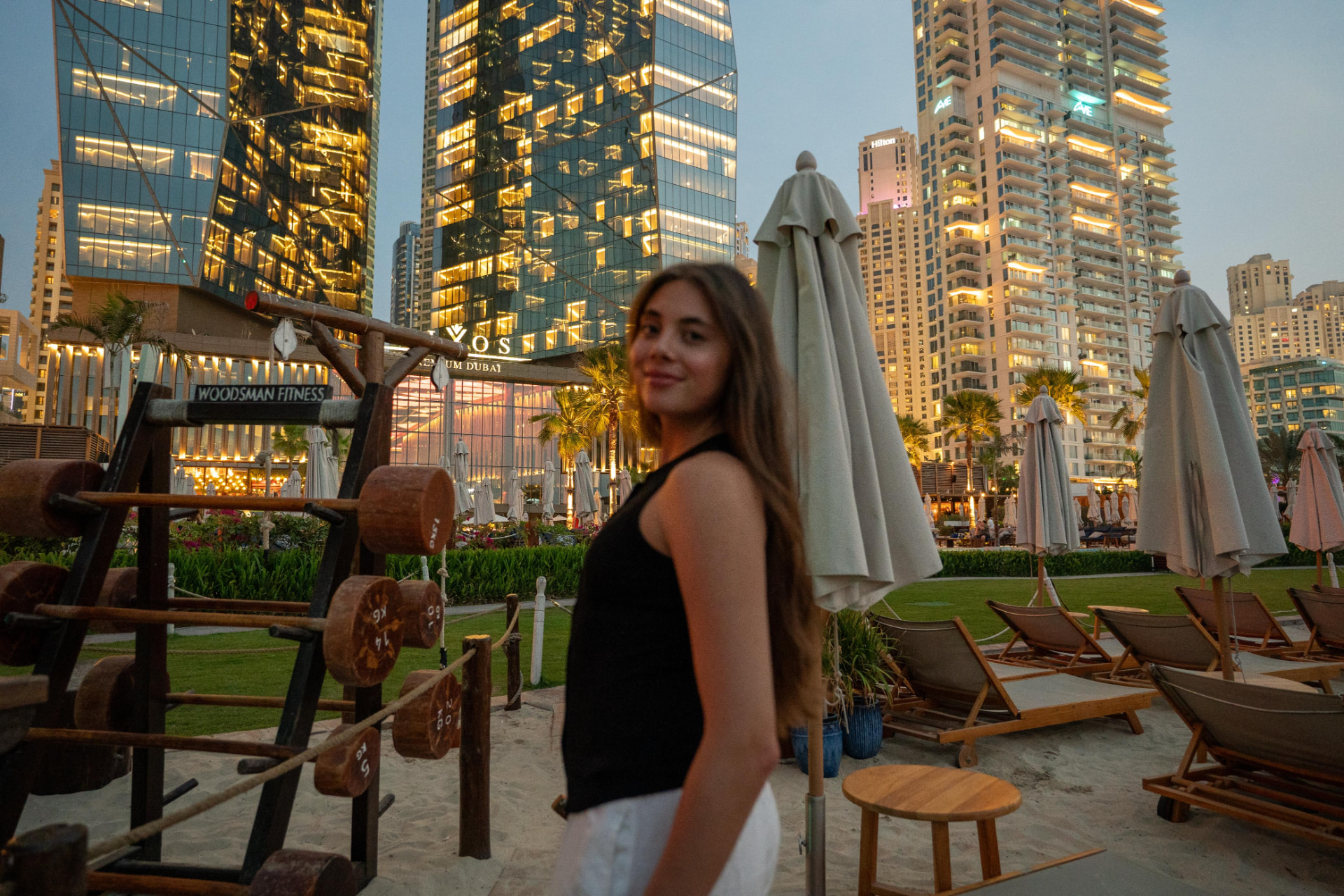 Liana at an outdoor gym in Dubai Marina at dusk